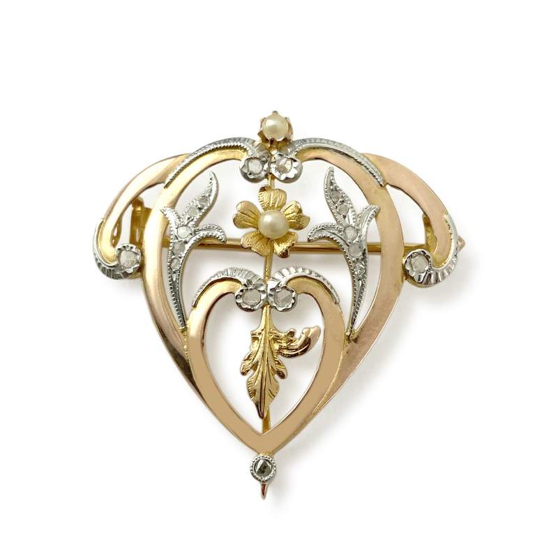 Broche d'occasion or 750 2 tons diamants et perles fines - vue 1