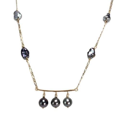Collier d'occasion or 750 jaune perles de Tahiti et perles Keshi 45.5 cm
