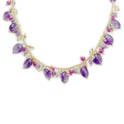 Collier d'occasion or 750 jaune boules en verre et améthystes 41 cm