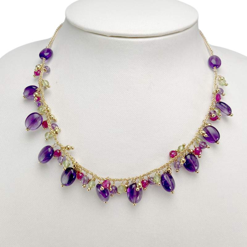 Collier d'occasion or 750 jaune boules en verre et améthystes 41 cm - vue 2