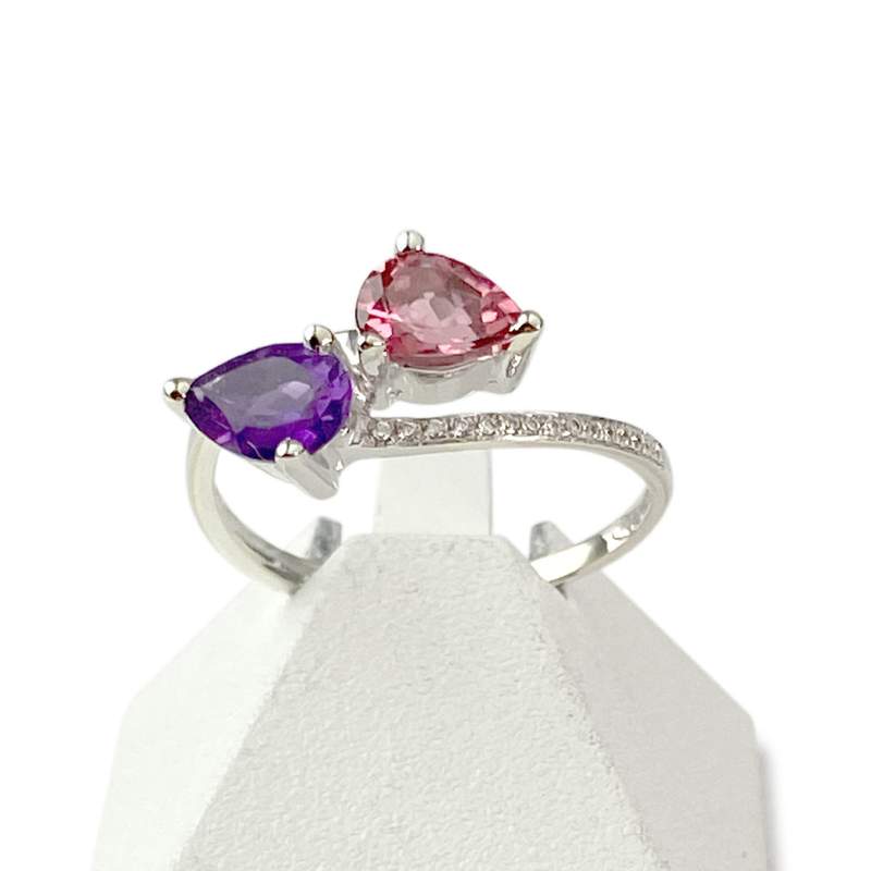 Pre-owned 375 white gold ring with semi-precious stones and zirconia - view 1