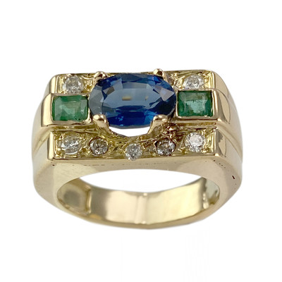 Pre-owned 14K yellow gold ring with diamonds, emeralds, and sapphires - view 1