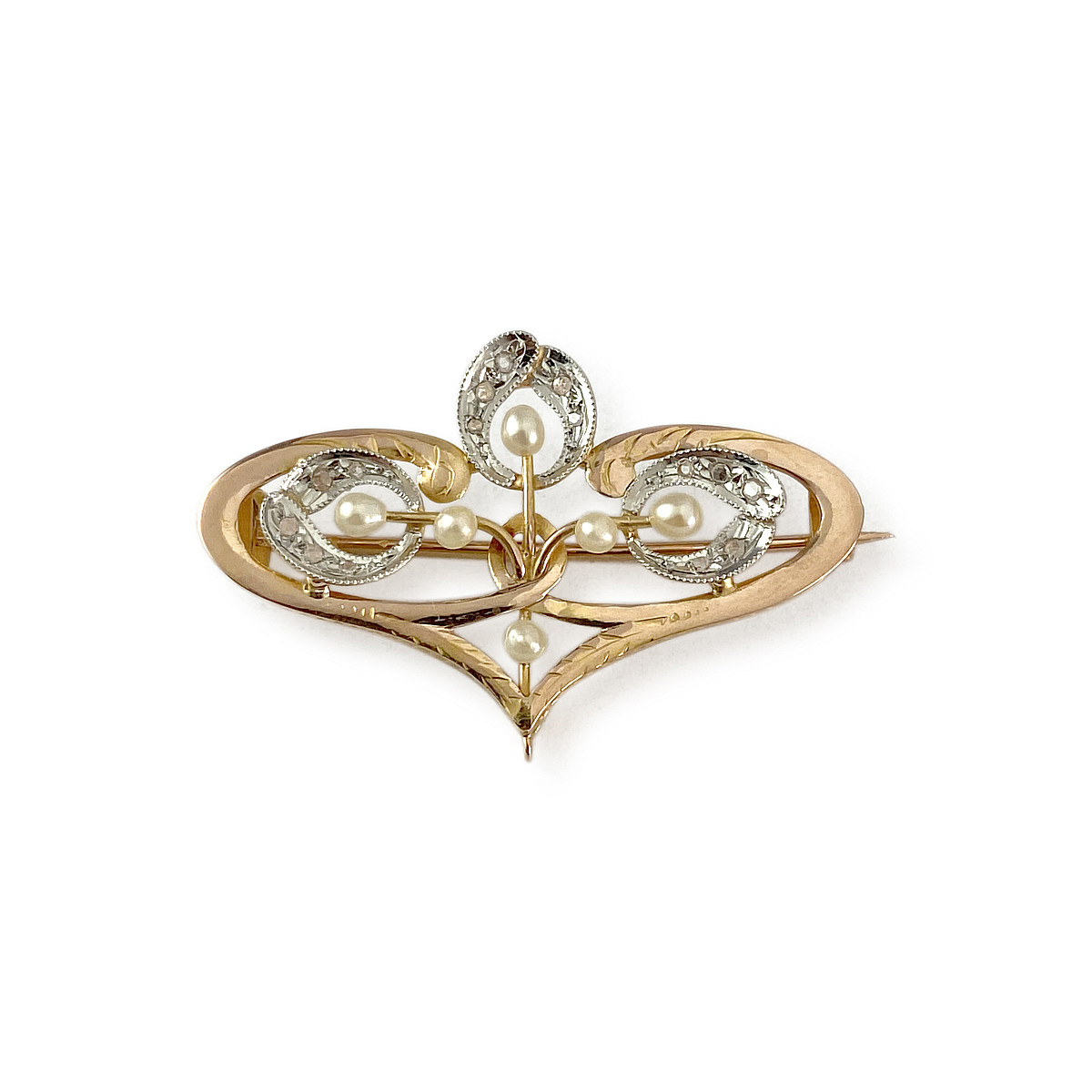 Broche d'occasion or 750 jaune et rhodié diamants perles fines