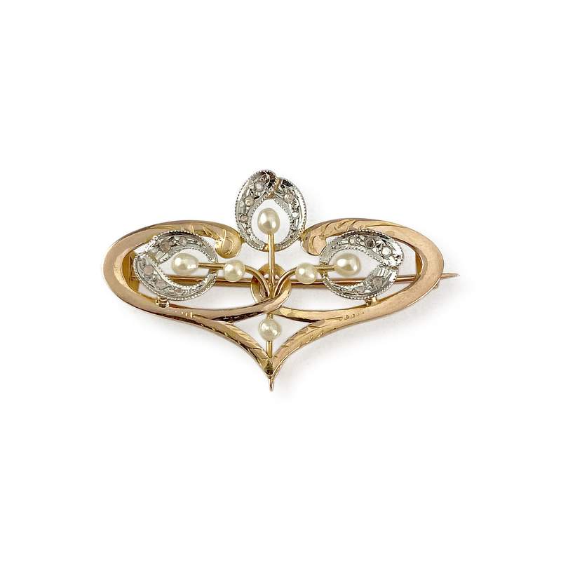 Broche d'occasion or 750 jaune et rhodié diamants perles fines - vue 1