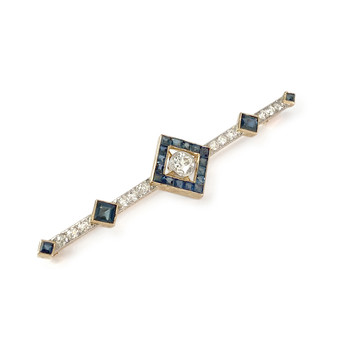 Tweedehands broche in 750 geel goud met saffieren en diamanten