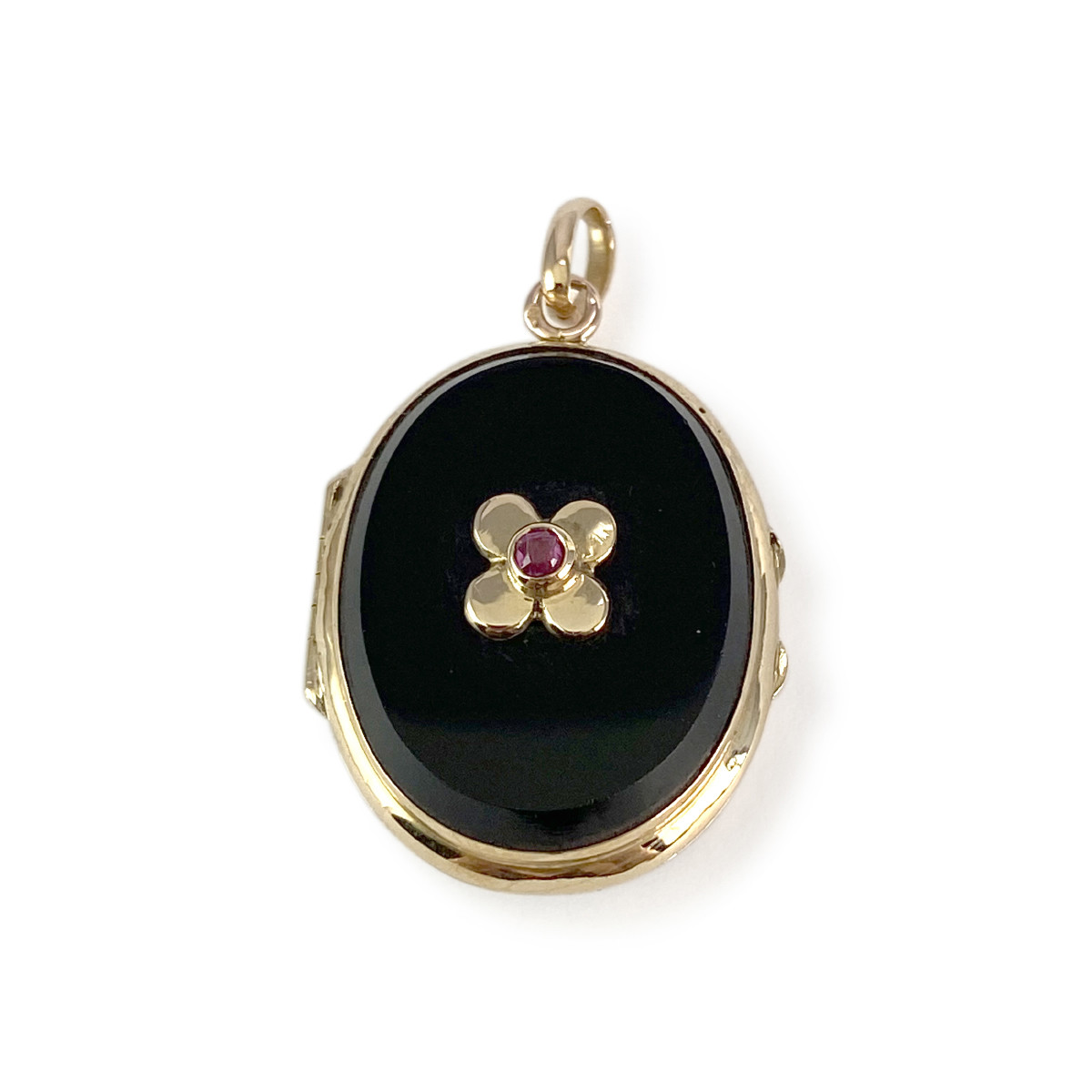 Pendentif porte photo d'occasion or 750 jaune onyx rubis