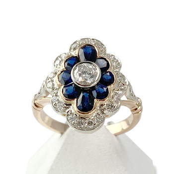 Tweedehands ring in 750 geelgoud met gerhodineerde saffieren en diamanten