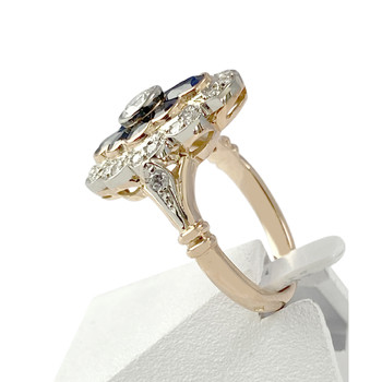 Tweedehands ring in 750 geelgoud met gerhodineerde saffieren en diamanten