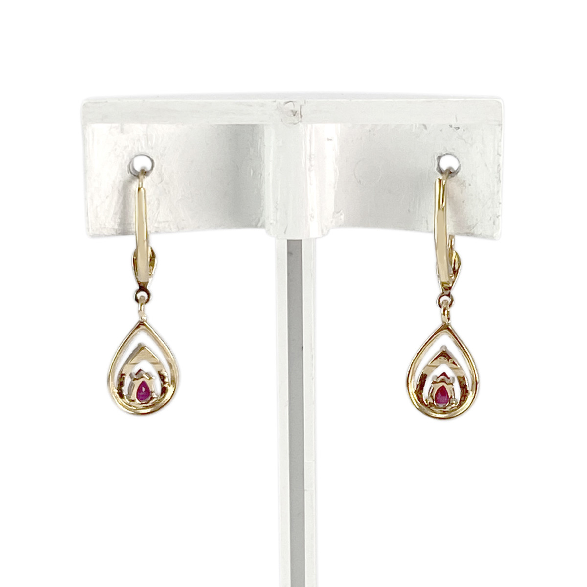 Boucles d'oreilles d'occasion or 750 2 tons rubis taille poire et diamants - vue 3