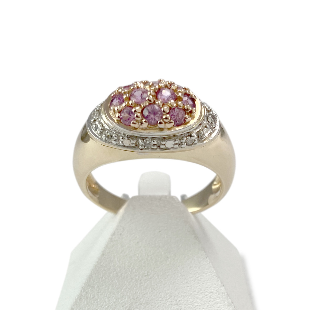 Bague d'occasion or 750 jaune et rhodié diamants saphirs roses de Ceylan