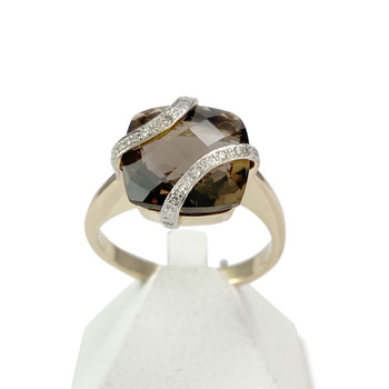 Tweedehands 750 geelgouden en gerhodineerde ring met rookkwarts en diamanten