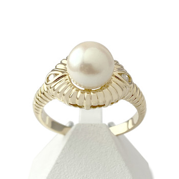 Second-hand gold ring 750 yellow cultured pearl diamonds