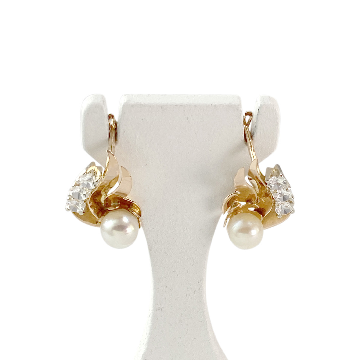 Boucles d'oreilles d'occasion or 750 jaune perles de culture pierres blanches