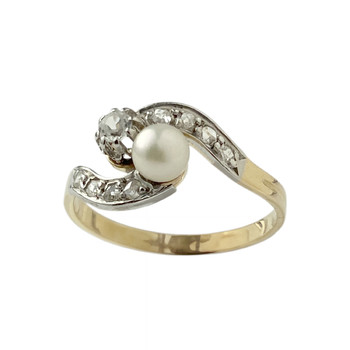 Bague d'occasion or 750 jaune et rhodié diamants perle de culture et perle blanche