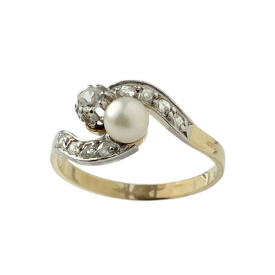 Bague d'occasion or 750 jaune et rhodié diamants perle de culture et perle blanche - vue 1