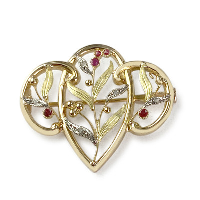 Broche d'occasion 2 ors 750 diamants verres rouges