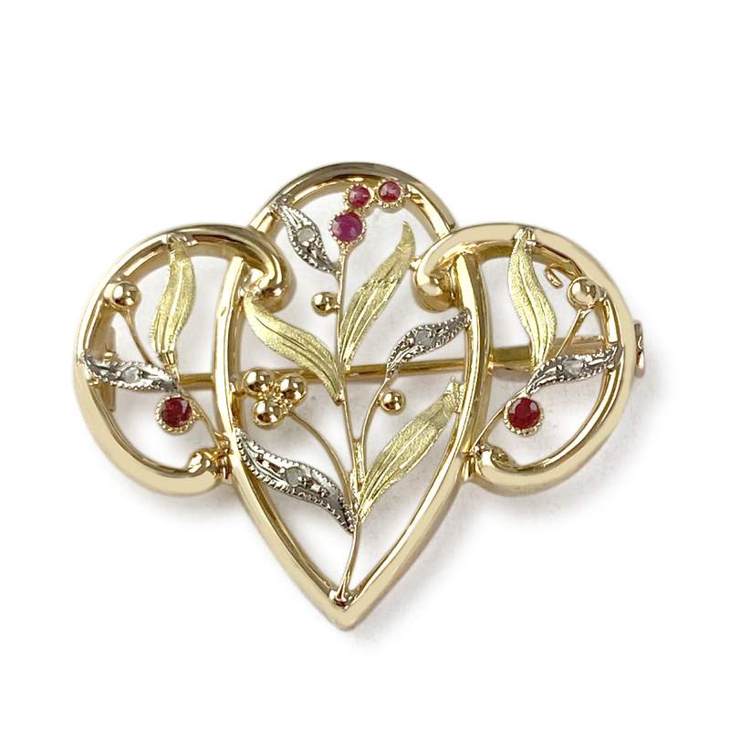 Broche d'occasion 2 ors 750 diamants verres rouges - vue 1
