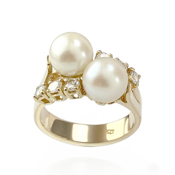 Tweedehands gouden ring 750 gele diamanten gekweekte parels