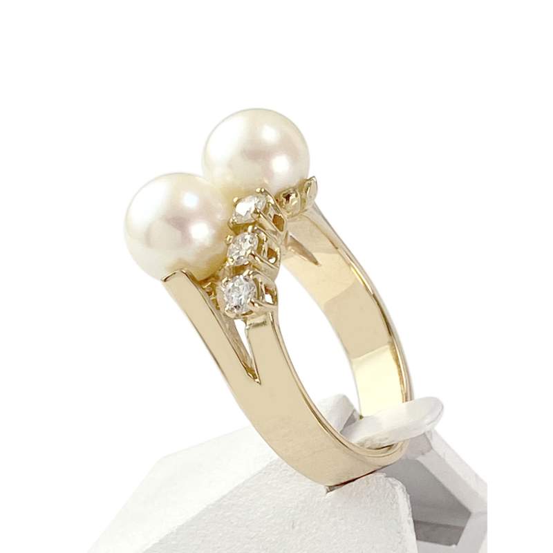 Bague d'occasion or 750 jaune diamants perles de culture - vue 2