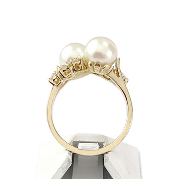 Tweedehands gouden ring 750 gele diamanten gekweekte parels