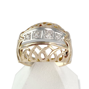 Tweedehands ring goud 750 2 tone synthetische stenen