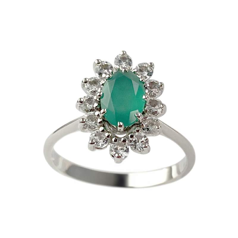 Bague d'occasion or 750 blanc calcédoine teintée verte zirconias - vue 1