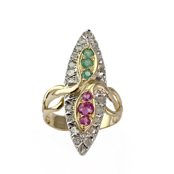 Second hand ring 2 gold 750 diamonds rubies emeralds