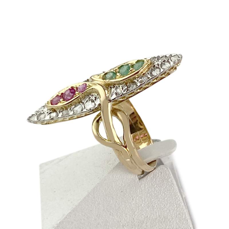 Tweedehands ring van 750 goud met diamanten, robijnen en smaragden – afbeelding 2