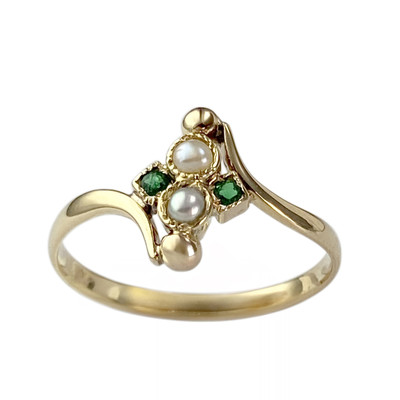 Bague d'occasion or 750 jaune perles de culture et pierres vertes