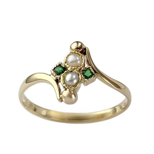 Second-hand gold ring 750 yellow cultured pearls and green stones