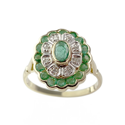 BAGUE d'occasion OR 750 jaune 2tons EMERAUDES DIAMANTS - vue 1