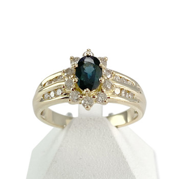 Tweedehands goud 750 gele saffier diamanten ring