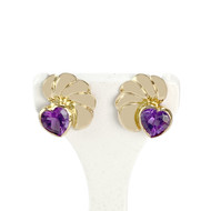 Boucles d'oreilles clous d'occasion or 750 jaune améthystes coeur