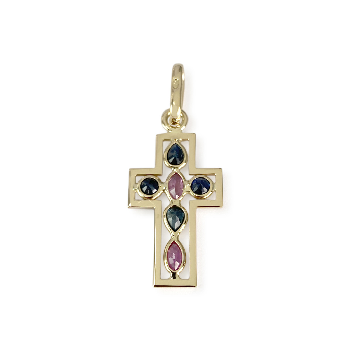 Pendentif croix d'occasion or 750 jaune rubis saphirs