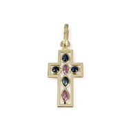 Pendentif croix d'occasion or 750 jaune rubis saphirs