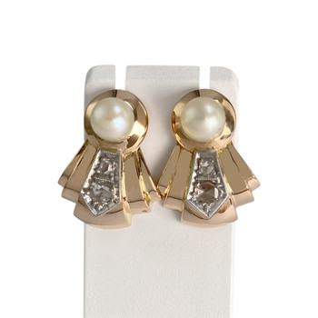 Pre-owned 750 yellow gold and rhodium-plated earrings with diamonds and cultured pearls