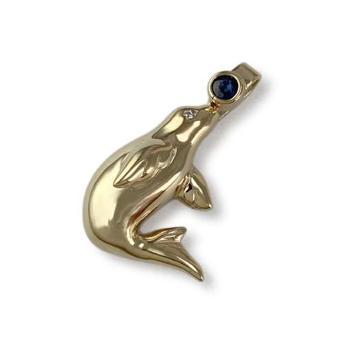 Pre-owned 14K yellow gold pendant with sapphire and diamond