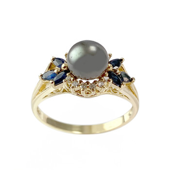 Tweedehands gouden 750 geel gekweekte parel diamant saffier ring