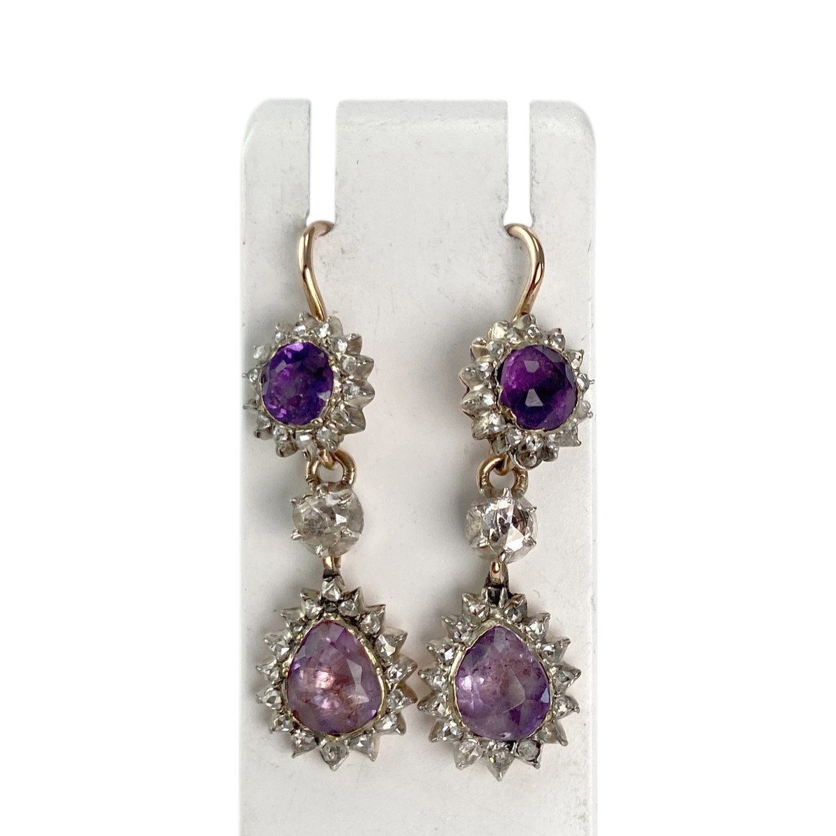 Boucles d'oreilles pendants d'occasion or 375 et argent diamants améthystes