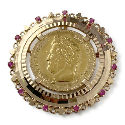 Pendentif broche d'occasion or 750 jaune porte pièce louis philippe i rubis synthétiques - vue 1