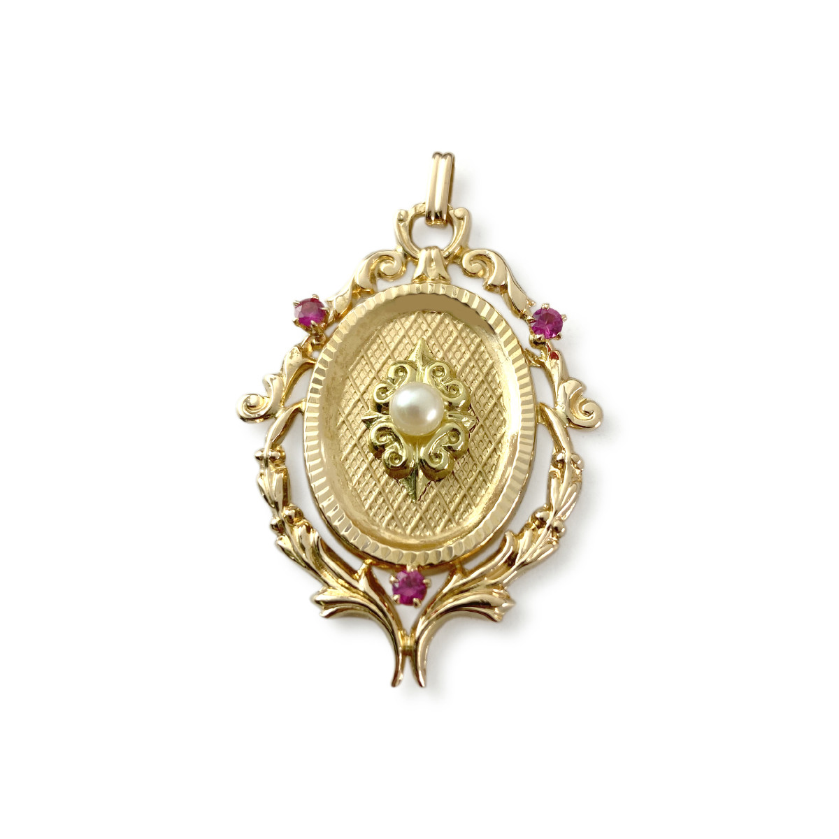 Pendentif d'occasion or 750 jaune perle de culture rubis synthétiques