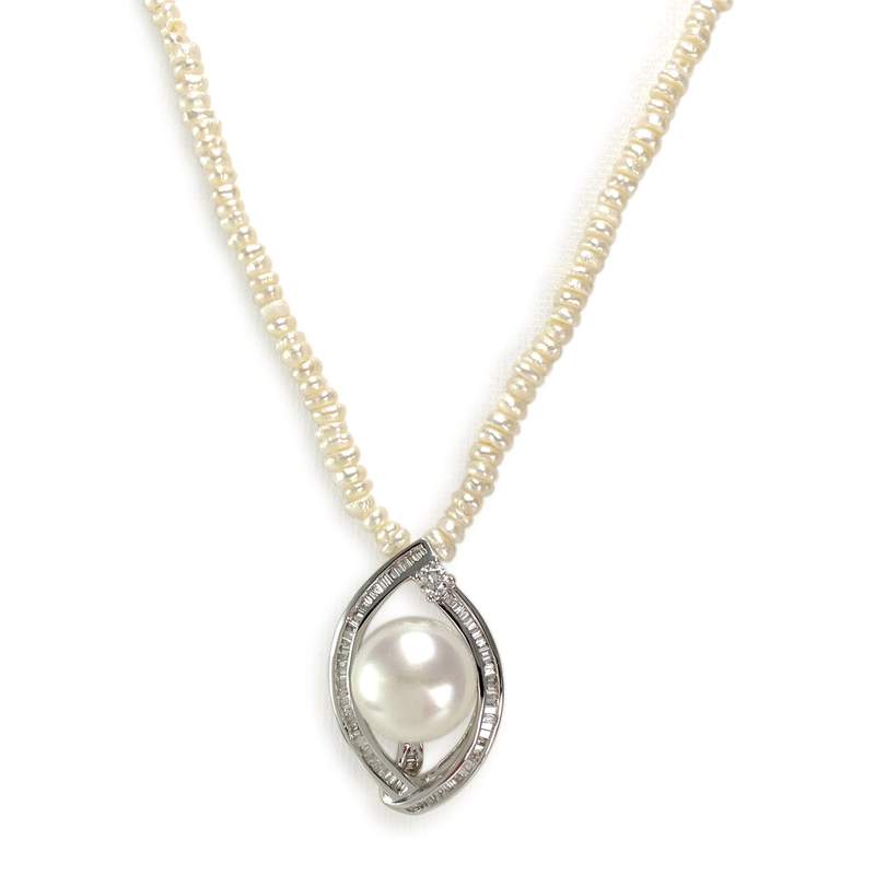 Collier d'occasion or 750 blanc perle de culture perles keshi diamants 45 cm - vue 1