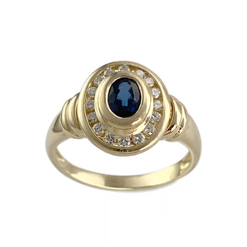 Tweedehands goud 750 gele saffier diamanten ring