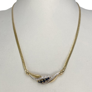 Second-hand gold necklace 750 2-tone English mesh sapphires diamonds 42.5 cm