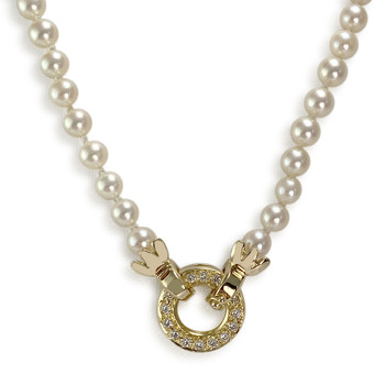 Tweedehands halsketting in goud 750 geel japanse gekweekte parels diamanten 49 cm