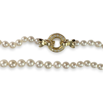 Tweedehands halsketting in goud 750 geel japanse gekweekte parels diamanten 49 cm