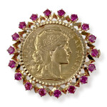 Broche d'occasion or 750 jaune porte pièce rubis synthétiques - vue 1