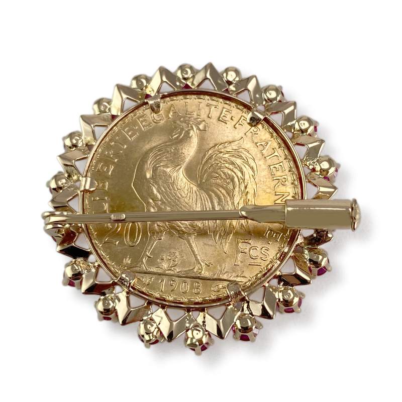 Broche d'occasion or 750 jaune porte pièce rubis synthétiques - vue 2