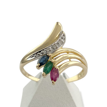 Bague d'occasion or 750 2 tons diamants émeraude rubis saphir