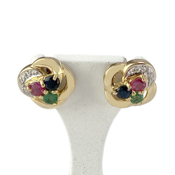 Boucles d'oreilles clous d'occasion or 750 2 tons diamants émeraudes saphirs rubis